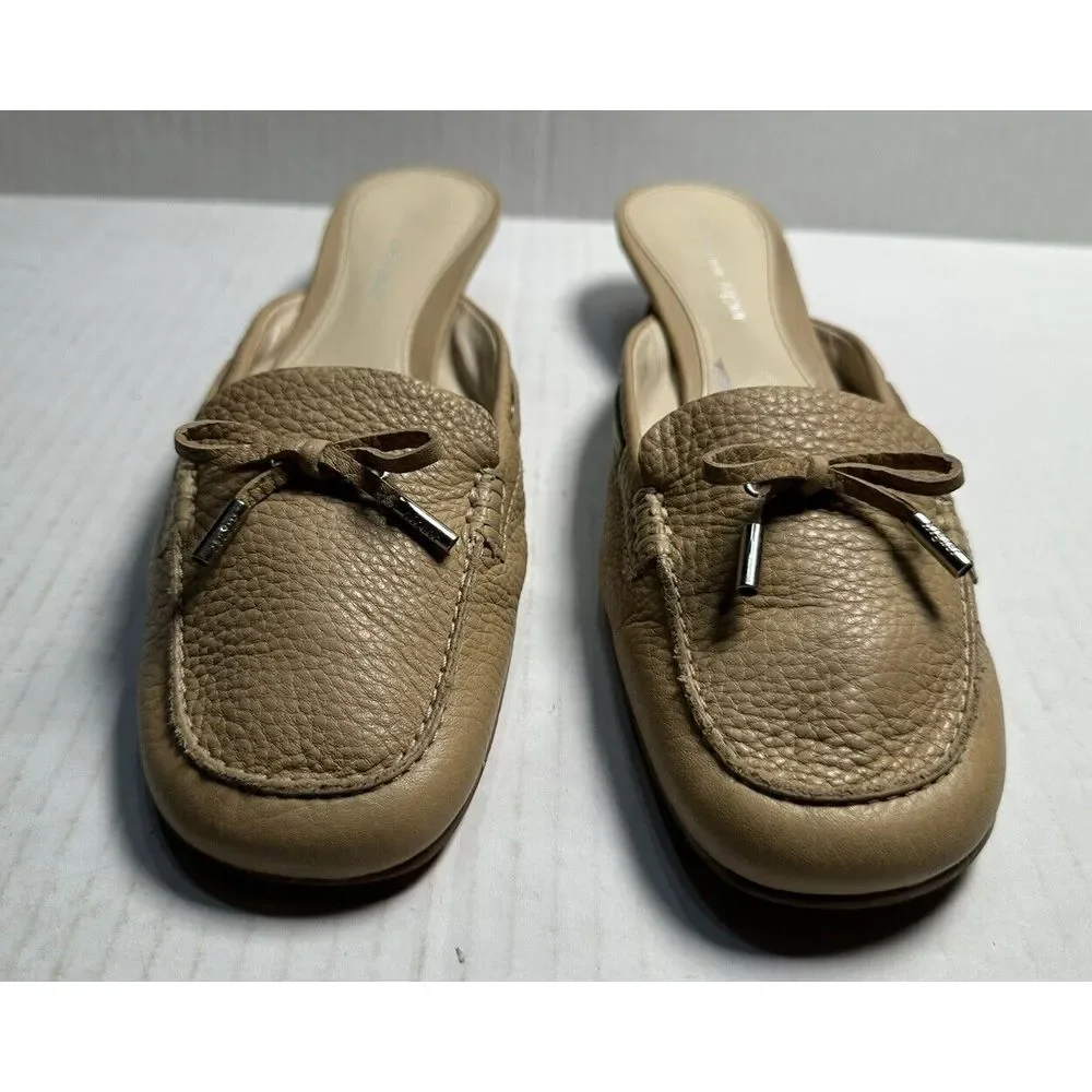 Etienne Aigner Walton Mules Beige Leather Round Apron Toe Low Heel Shoes Sz 9.5M